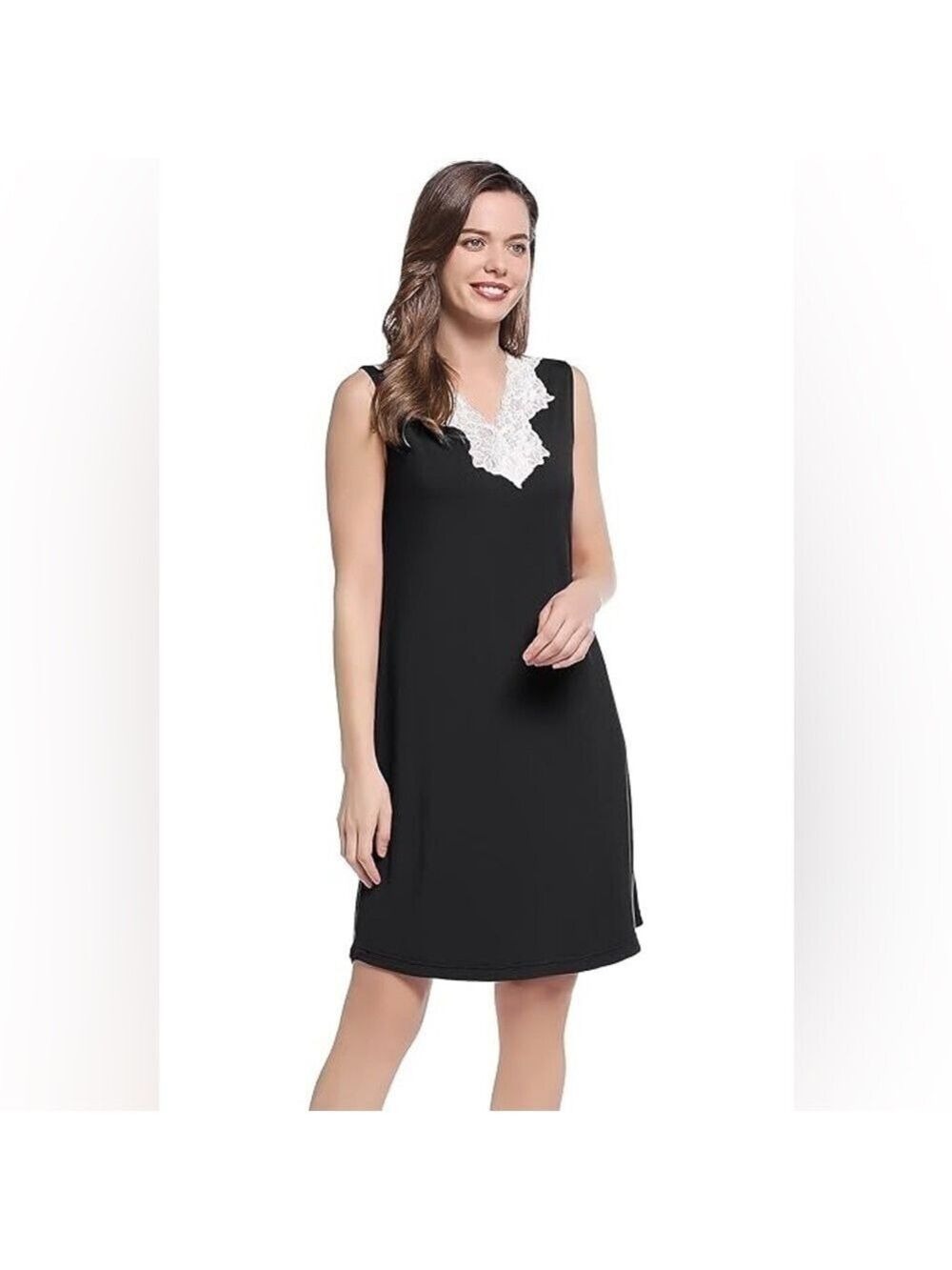 HOTOUCH Sleeveless Black Nightgown with Lace trim